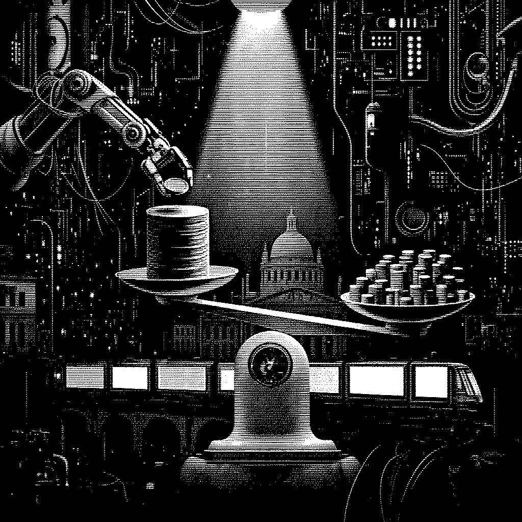 Retro-futuristische Illustration einer schweren, ungleich beladenen Waage vor dem Bundeshaus, mit einem Roboterarm, der weitere Münzen auf die schwerere Seite legt, während ein Zug mit leeren Plakatflächen vorbeifährt.