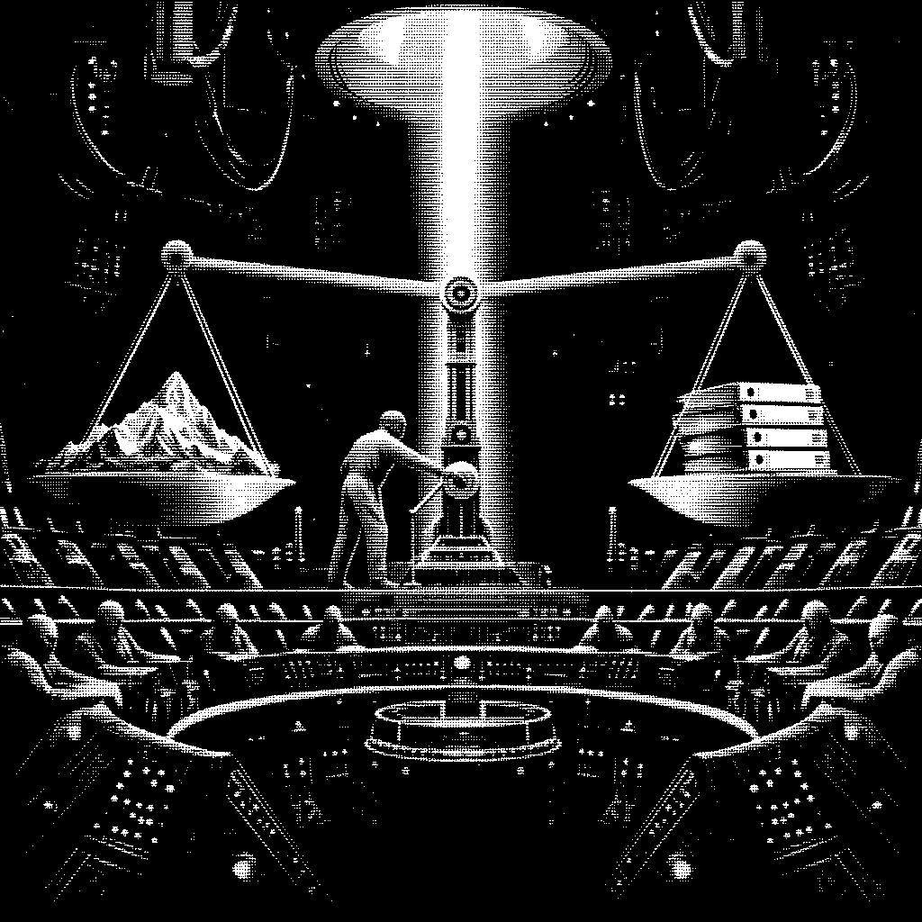 Schwarzweisses Retro-Science-Fiction-Bild eines Ratssaals mit einer riesigen Balkenwaage, auf der ein Alpenmodell und ein Aktenstapel liegen, während ein Techniker ein Gewicht verschiebt.